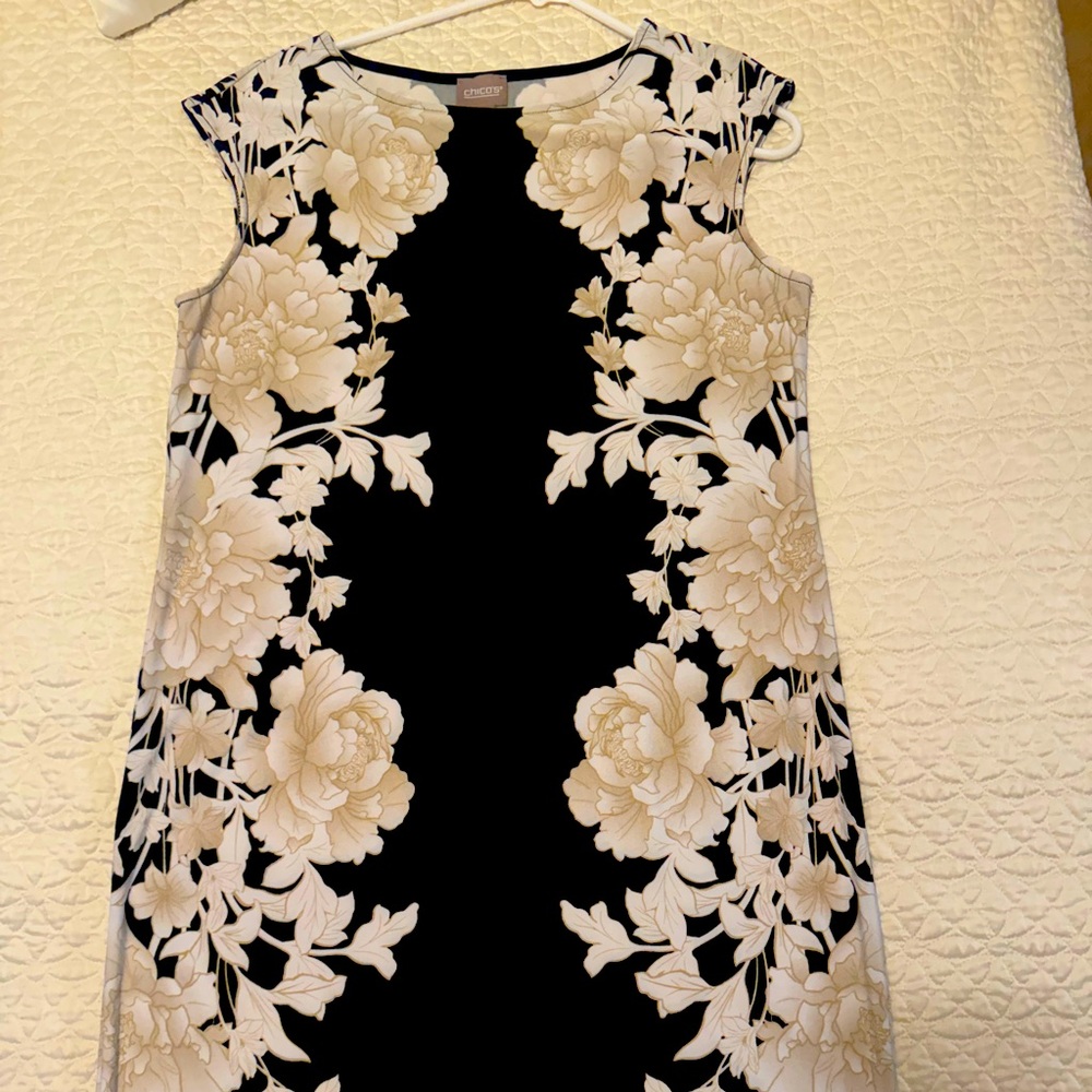 Chico's Black and Cream Floral Midi Dress